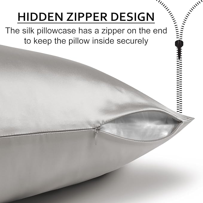 Ravmix Silk Pillow Cases with Zipper, 21momme Mulberry Silk Pillowcase for Hair Skin Health, Soft Smooth Breathable Cool Pillow Cover for Beauty Sleep with Gift Box 1PC(Queen 20"x30", Apricot Gray)