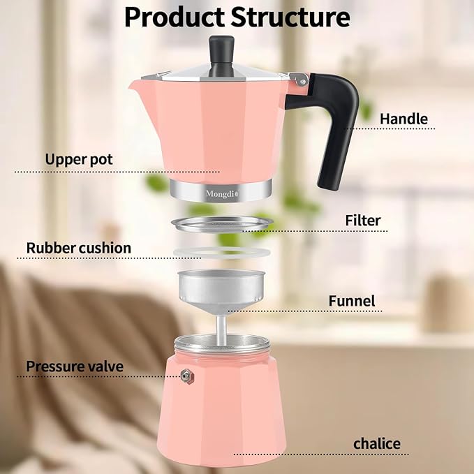 Mongdio Stovetop Espresso Maker Moka Pot, Stove Top Cuban Coffee Maker, Italian Greca Mocha Pot, 6 Espresso Cups, 10 oz - Pink