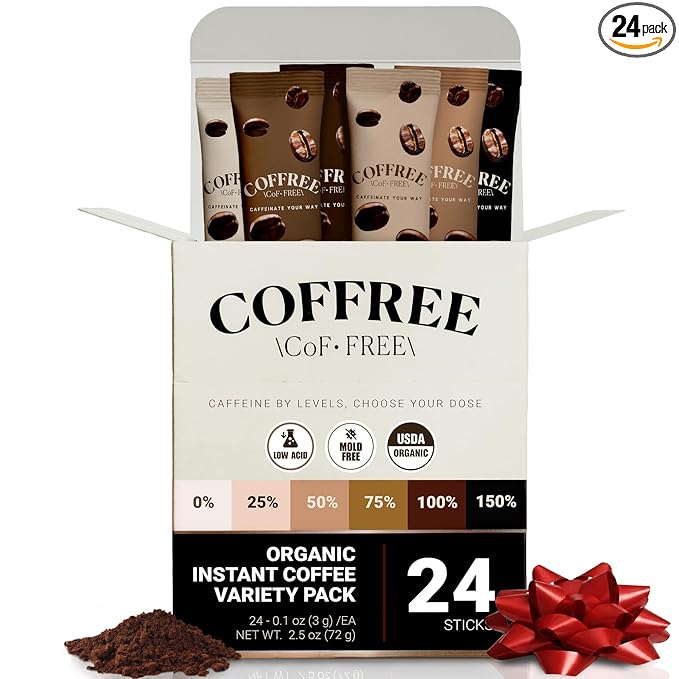 COFFREE Organic Instant Coffee Packets Variety Pack - Convenient Single Serve Coffee Sticks, Mold Free, Low Acid Arabica for On-the-Go Energy - 0–150% Caffeine Options for Hot or Cold Brew - 24 Count