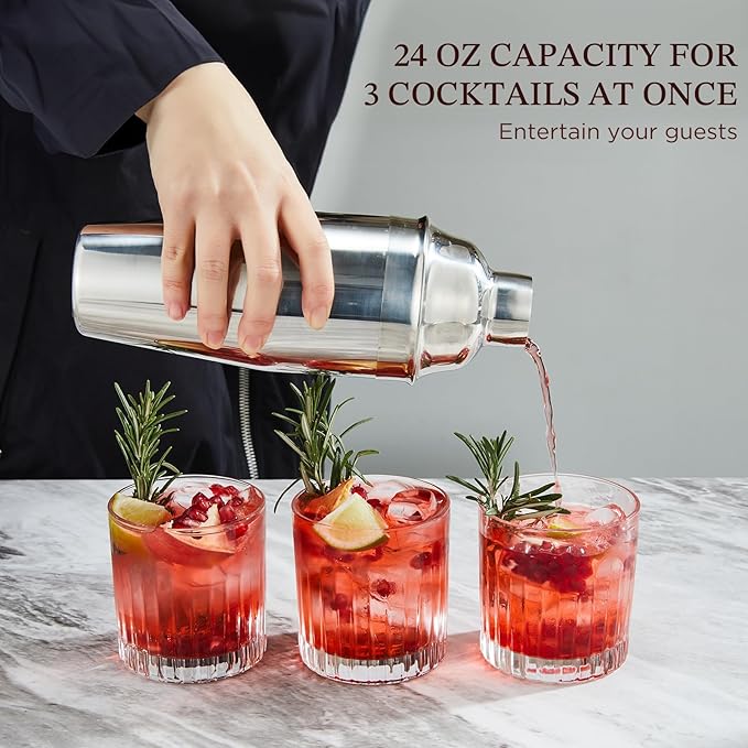 Cocktail Shaker, KITESSENSU 24oz Drink Shaker with Bartender Strainer, Measuring Jigger, Bar Mixing Spoon, Cocktail Recipe Guide, Professional Drink Mixer Set for Beginners, Silver