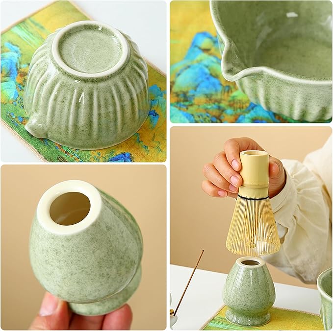 Matcha Whisk Set, 8 Pcs Matcha Kit Includes Matcha Bowl with Spout, Bamboo Whisk, Ceramic Holder, Bamboo Scoop x2, Scoop Rest, Stainless Sifter and Tea Towel, Gift for Matcha Lover