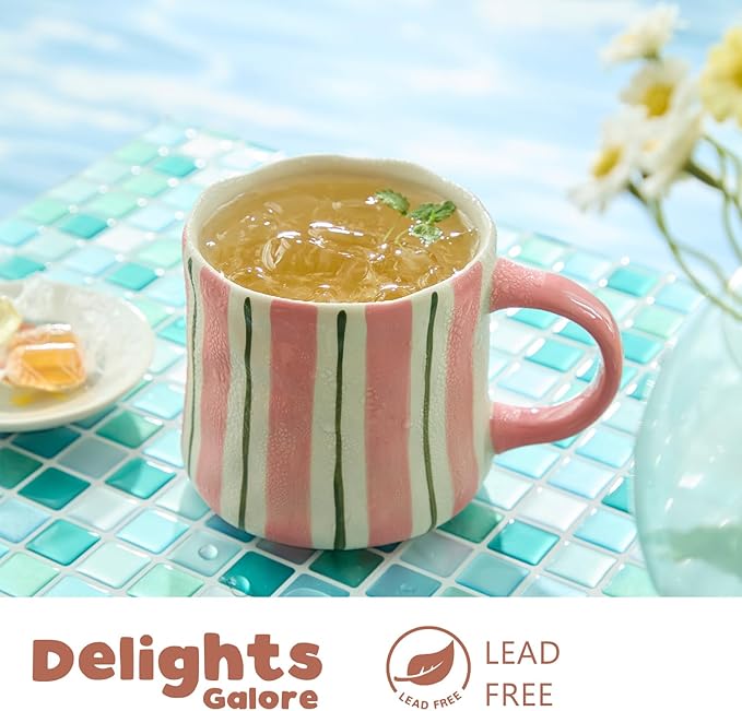 Retro Checkered Ceramic Coffee Mug 16Oz - Extra Large Handle, Microwave Safe Vintage Patterned Tea Cup for Home-4pack