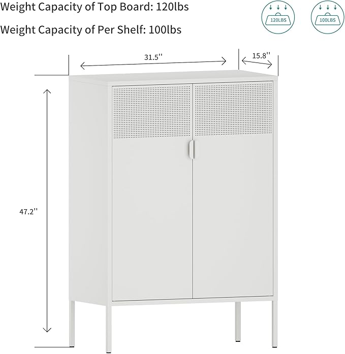 Metal Storage Cabinet,Kitchen Pantry Storage Cabinets with Doors,Buffet Cabinet with 2 Adjustable Shelves,White Pantry Cabinets,Steel Sideboard for Home,Shoes,Office,Dining Room