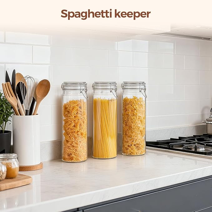 ComSaf Airtight Glass Jars Set of 3, 0.5 Gallon Food Storage Jar with Lids, Tall Spaghetti Container with Clear Preserving Seal Wire Clip Fastening, Pasta Storage Containers for Kitchen Canning