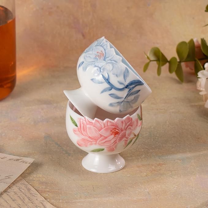 KAMMAK Tea Cup, 3.2oz Small Tea Cups Set of 2, Red and Blue Floral Porcelain Tea Cup Set, Ceramic Teacups for Home, Party, Office, Chinese Kungfu Tea Set for Hot/Cold Drink, Qingji Jade Clay