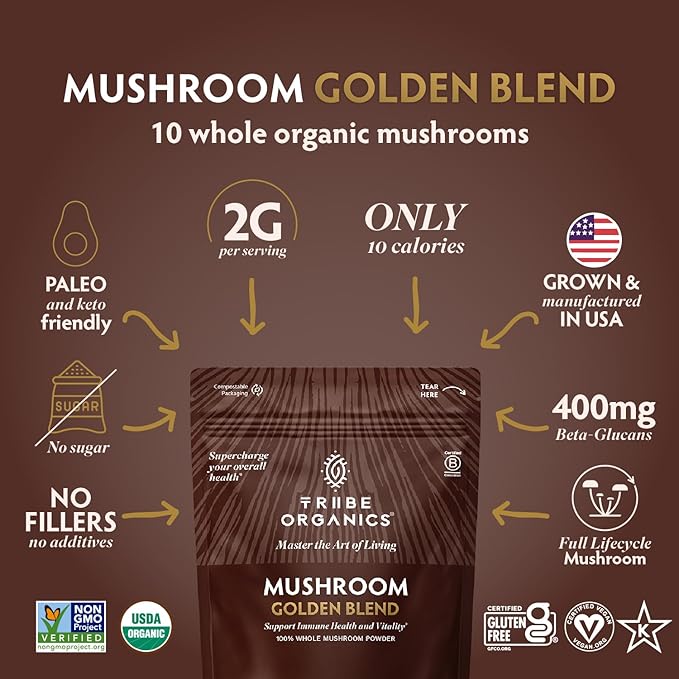 TRIBE ORGANICS Mushroom Golden Blend Powder - Organic Mushroom Powder Complex - 10-in-1 Mushrooms for Immunity Support & Health - 200g Pouch - 100 Servings