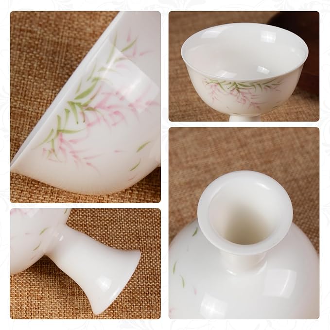 KAMMAK Tea Cup, 2.5oz Small Tea Cups Set of 2, White Porcelain Tea Set with Short Stem for Hot/Cold Drink, Pink and Blue Floral Ceramic Teacups, Chinese Kungfu Tea Cups for Home, Tea Party, Office