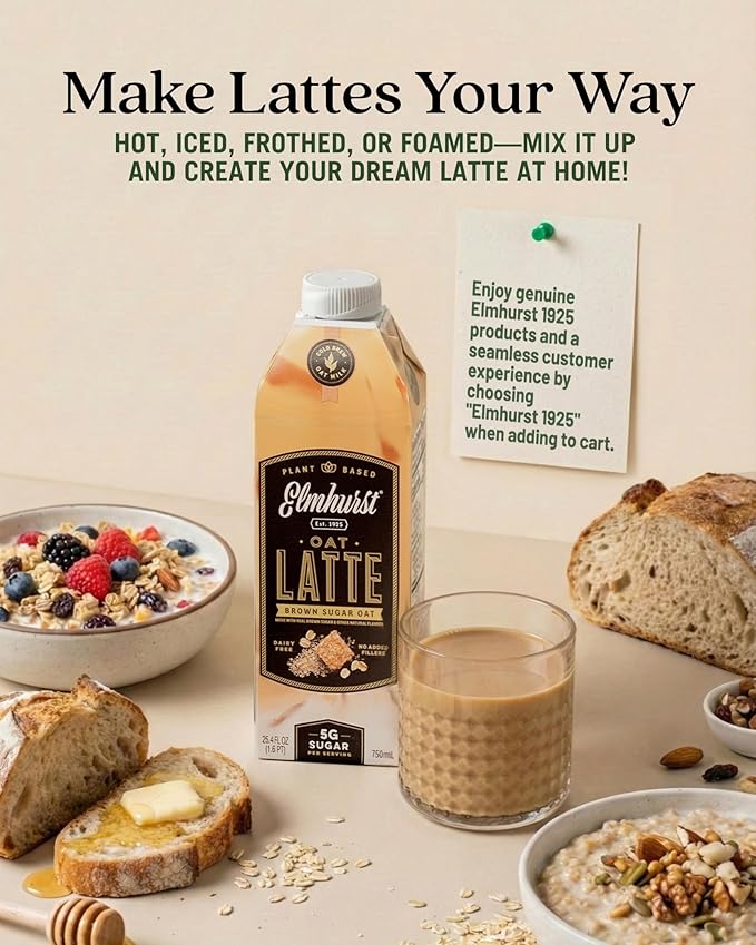 Elmhurst 1925 Brown Sugar Oat Milk Latte – Plant-Based, Vegan, Dairy-Free Latte Made of Whole Grain Oats, Cold Brew Premium Arabica with 95mg Caffeine & Real Brown Sugar – 25.4oz (Pack of 6)