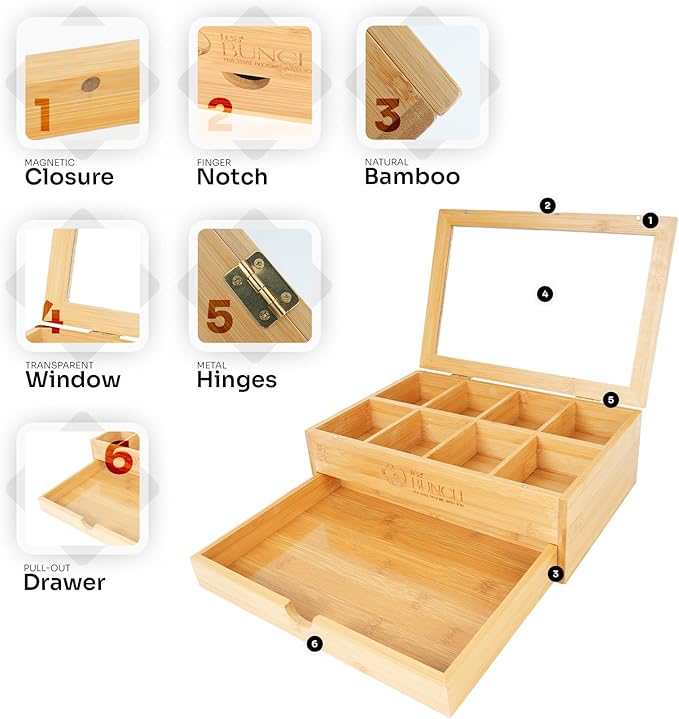 Bamboo Tea Bag Organizer – 8 Compartments, Drawer, Magnetic Lid, Premium Gift for Tea Lovers, Eco Kitchen Storage Box, Clear Window, Pantry Organizers And Storage (Organizer Only)