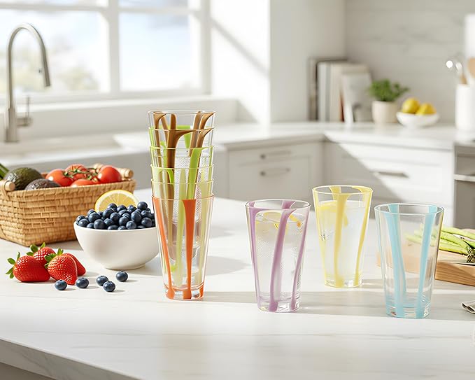 22 oz Plastic Drinking Glasses, Parties Tall Tumblers, Premium Quality Durable BPA-Free Water Tumblers, Dishwasher-Safe, Stackable Cups (Set of 8, Gift Box)
