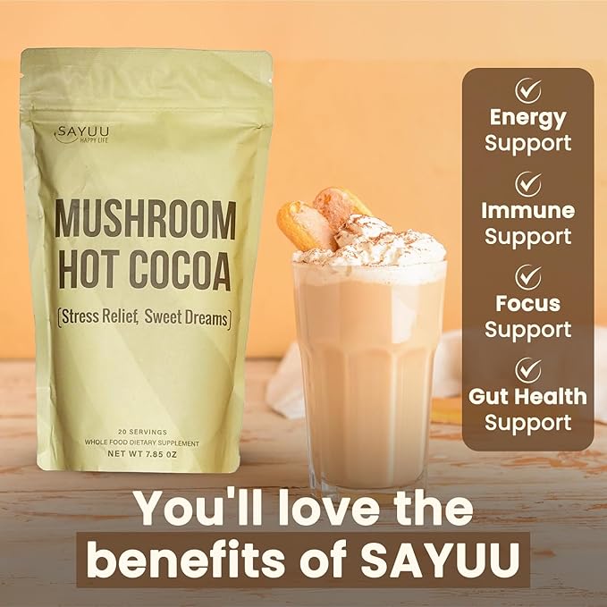 SAYUU Mushroom Coffee Hot Cocoa Mix –Instant Coffee Blend Enriched with Reishi, L-Theanine, Melatonin, Rich Cacao Flavor, Gut & Immune Health Support, Quick & Easy Bedtime Drink - 20 Servings