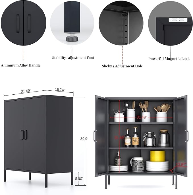 Black Metal Storage Cabinet,Metal Locker Storage Cabinet with 2 Doors and Shelves,Kitchen Pantry Cabinet,Modern Storage Freestanding Organizer Rust for Home,Kitchen,Office