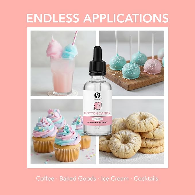 Dolce Flav Natural Cotton Candy Extract – 2 Ounce Water-Soluble Kosher, Sugar-Free, Concentrated Carnival-Style Flavoring for Baking, Frostings & Drinks, Includes Measured Dropper