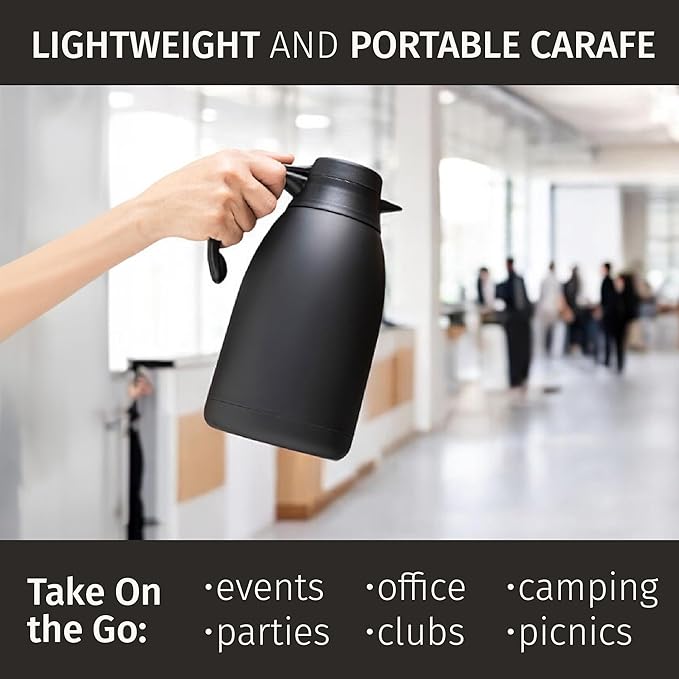 Thermal Coffee Carafe 68 oz by Cresimo – Updated 2025 Model – Insulated Black Stainless Steel Coffee Urn & Drink Dispenser, Keeps Drinks Hot 12h / Cold 36h – Durable & Easy to Pour