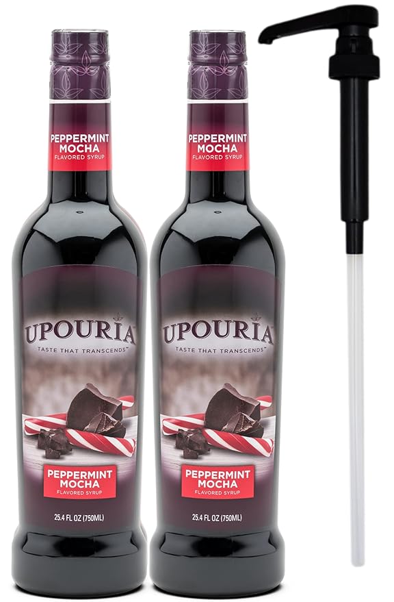 Upouria Peppermint Mocha Coffee Syrup Flavoring, 100% Vegan, Gluten-Free, Kosher, 750 mL Bottle (Pack of 2) with Coffee Syrup Pump