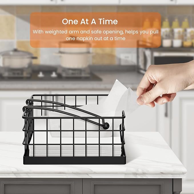 Homode Napkin Holders for Paper Napkins, Farmhouse Napkin Holder for Table, Flat Napkin Basket with Weighted Arm, Square Napkin Dispenser for Kitchen, Black