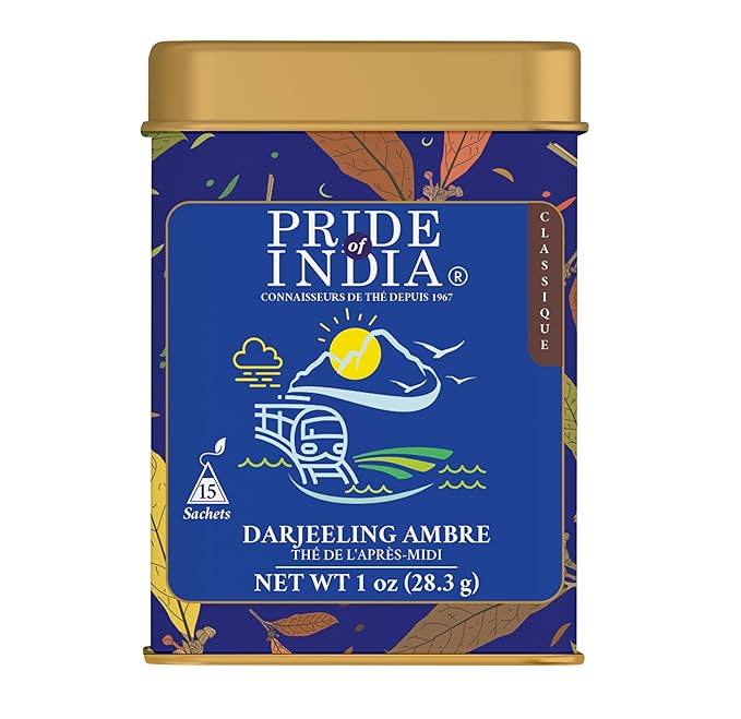 Pride of India | PACK of 2 - Darjeeling Amber: Afternoon Black Tea | 15 Pyramid Full Leaf Individually Wrapped Tea Bags | Smooth, Musky, Flowery Flavor| Single Estate Certified Classic Tea