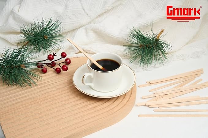 Gmark 5.5" Wood Coffee Stirrers (length 140mm, width 6mm, thick 1.3mm) 1000 ct - Natural Birch Wood Coffee Beverage Stirrers, Round End GM1014