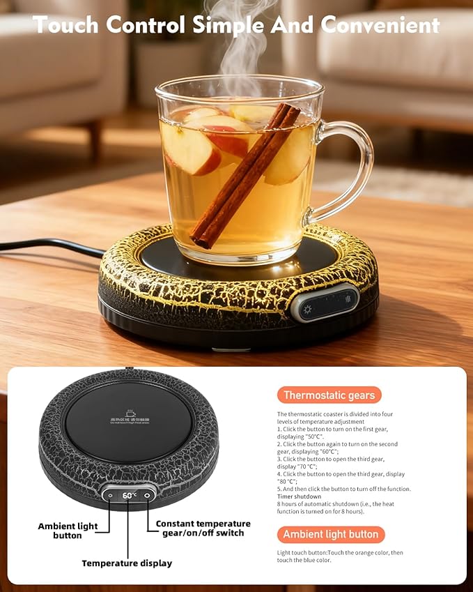 Smart Constant Warm Coaster, Volcano Warm Coaster,Coffee Mug Warmer,Home Desktop Ambient Light,Coffee Mug Warmer,Coffee Lover's Gift,4 Temperature Settings Available(Black)