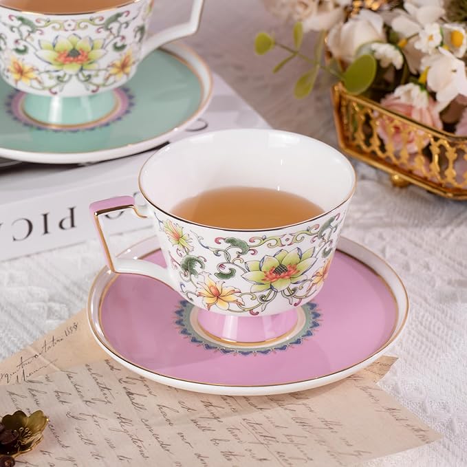 KAMMAK Ceramic Coffee Cups Saucers Set of 2, Porcelain Espresso Cups with Saucers, 8.12 oz Handcrafted Elegant Bone China Tea Cups, Lotus Floral Pattern Teacup for Party, Office, Women Gift