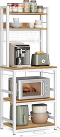 VASAGLE Bakers Rack with Power Outlet, Microwave Stand, Kitchen Tall Utility Storage Shelf, with Metal Wire Panel, 14 Hooks, 15.7 x 23.6 x 66.9 Inches, Rustic Walnut and Cloud White UKKS037W41