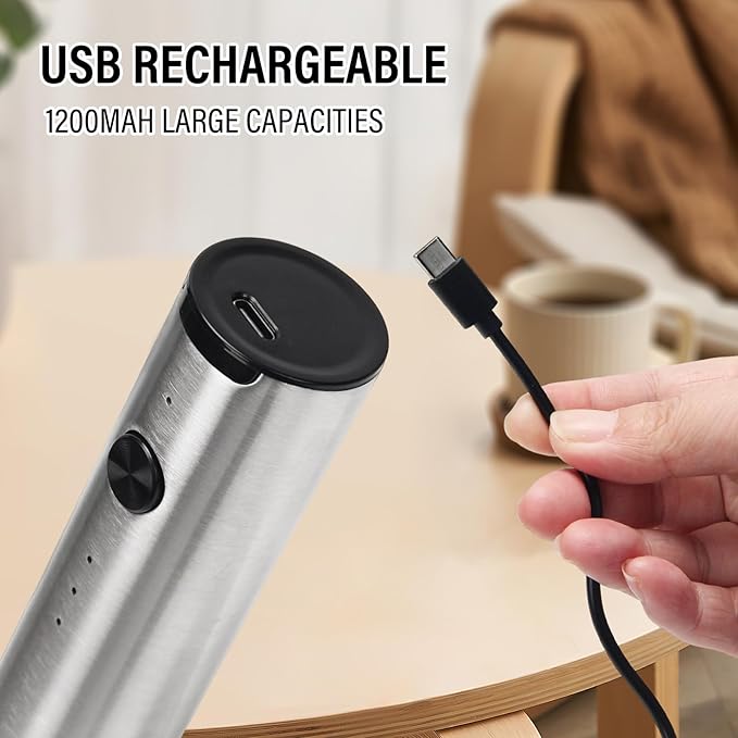 Madrigal Rechargeable Milk Frother with Stand, Dual 304 Stainless Steel Whisks, USB-C Mini Mixer for Drinks, Cappuccino & Hot Chocolate, 3-Speed Handheld Drink Mixer for Lattes