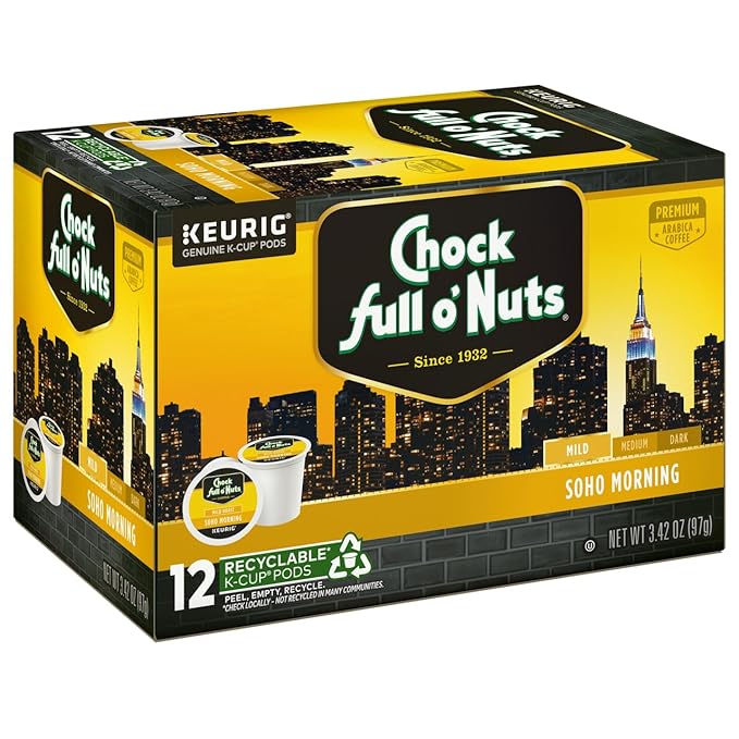 Chock Full o'Nuts Soho Morning Coffee, Mild Roast, Compatible with K-Cup Pods, 12 CT (Pack of 3)