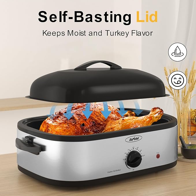Sunvivi 14-Quart Electric Roaster Oven with Self-Basting Lid, Stainless Steel Turkey Roaster Oven with Rack, No Removable Pan, Easy to Clean, Silver