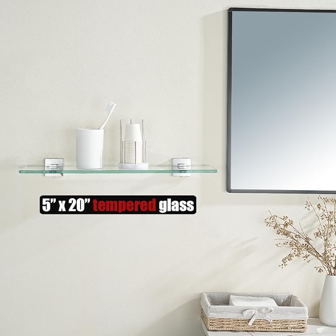 JQK Bathroom Glass Shelf, Floating Tempered Glass Shower Storage 20 by 5 inches, 304 Stainless Steel Polished Chrome Wall Mount 2 Pack 2 Pack, TGS201L20-CH-P2