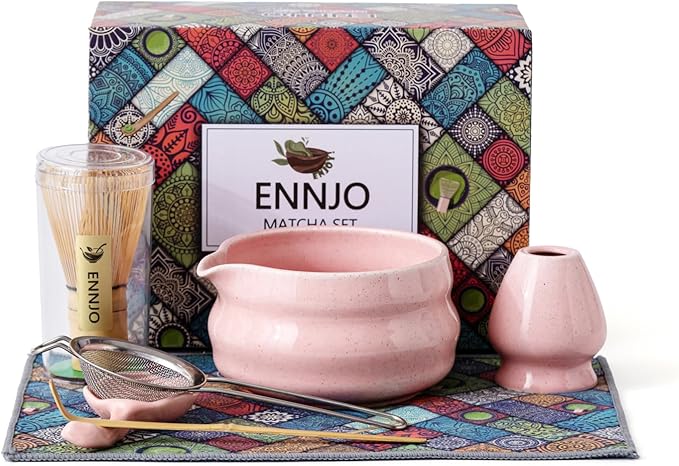 7 Pcs Matcha Kit, Matcha Bowl with Spout, Bamboo Whisk And Scoop, Ceramic Holder And Scoop Rest, Stainless Steel Sifter, Tea Towel. Speckled Pink Glaze Matcha Whisk Set for Beginners And Gifting