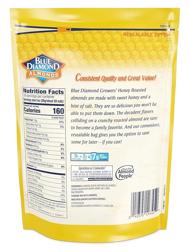 Blue Diamond Almonds Honey Roasted Snack Almonds, Honey Roasted, 1 Pound (Pack of 1)