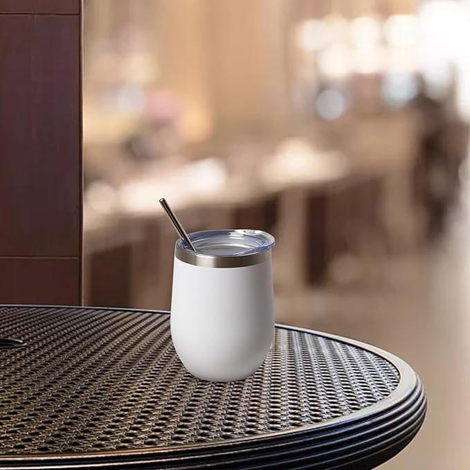 12 oz Insulated Wine Tumbler with Lid and Straw,Stainless Steel Stemless Wine Tumbler Glasses Double Wall Vacuum Wine Cups Tumbler Bulk for Coffee,Cocktail,Office (White,4)