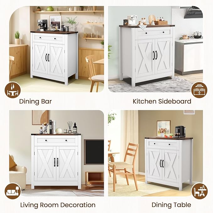 30" Coffee Bar Station, Kitchen Sideboard Buffet Cabinet with a Drawer and Adjustable Shelf, Modern Farmhouse Storage Cabinet for Kitchen, Living Room, Entryway, White