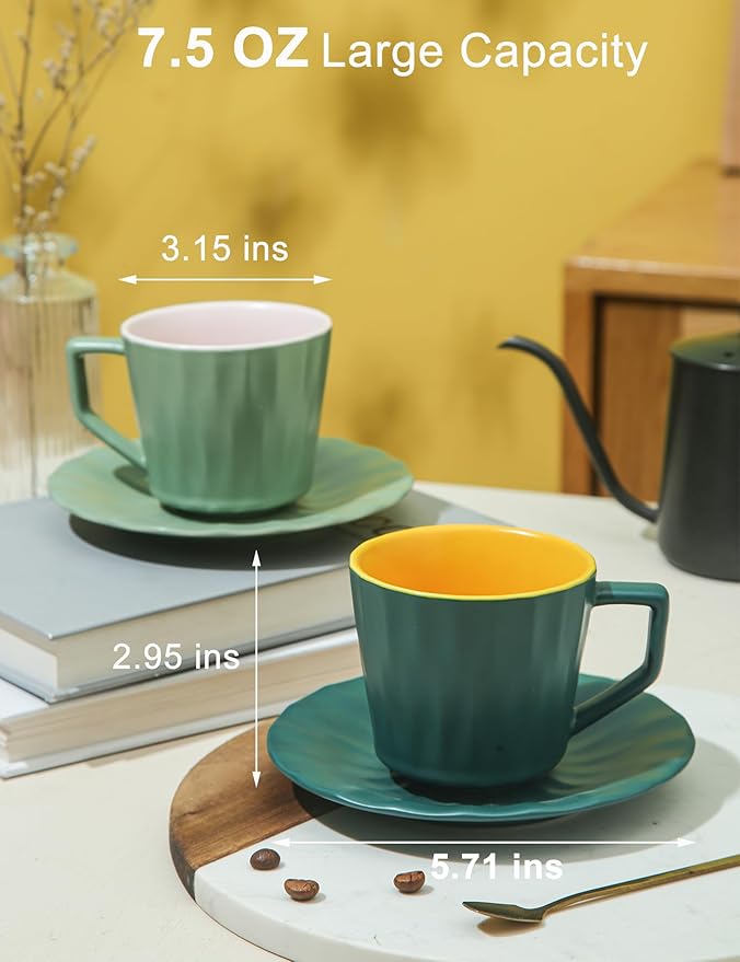 Tea Cups and Saucers, 7.5 OZ Large Espresso Cups Set of 4, Porcelain Coffee Mug and Saucer, Dishwasher & Microwave Safe for Cappuccino, Latte, Mocha, Tea Party, Birthday Gift