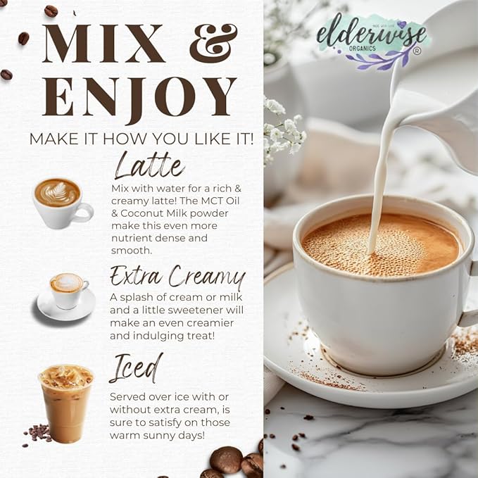Elderwise Coffee - Latte - Lion's Mane, Chaga, Reishi, Cordyceps, MCT Oil, Coconut Cream & Sea Moss - 12 Servings - Freeze Dried Instant Coffee - Chemical free - Fair Trade