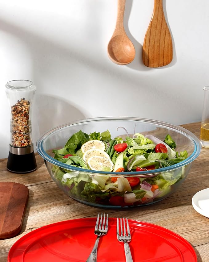 NUTRIUPS 5QT Large Tempered Glass Salad Bowl with Lid, 13 inch Clear Glass Bowls for Mixing, Prepping, Storage, Large Shallow Flat Bottom Bowl for Sourdough