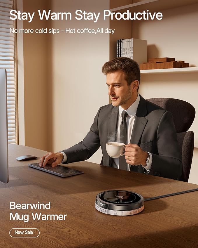 Coffee Mug Warmer for Desk, 50W Fast Heating Cup Warmer with Smart Display, 4 Temps & 12H Timer, Auto Shut Off for Tea, Milk, Hot Drinks - Marble Effect