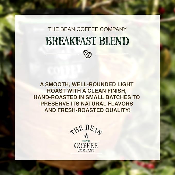The Bean Organic Coffee Company Breakfast Blend, Medium Dark Roast, Ground Coffee, 16-Ounce Bags (Pack of 2),Café molido tostado organico