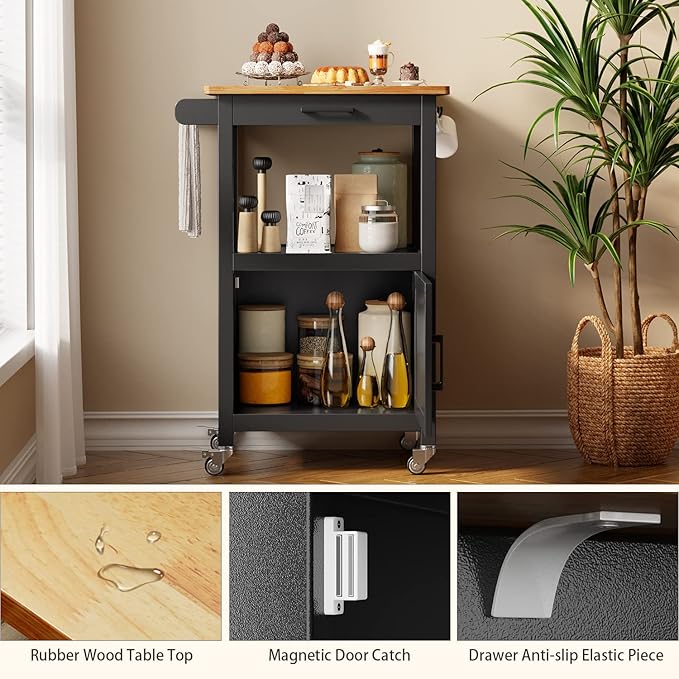 Kitchen Island on Wheels with Drawer, Storage Cabinet, Shelf and Side Hook, Rolling Kitchen Cart with Rubber Wood Countertop, Microwave Cart for Small Space, Black