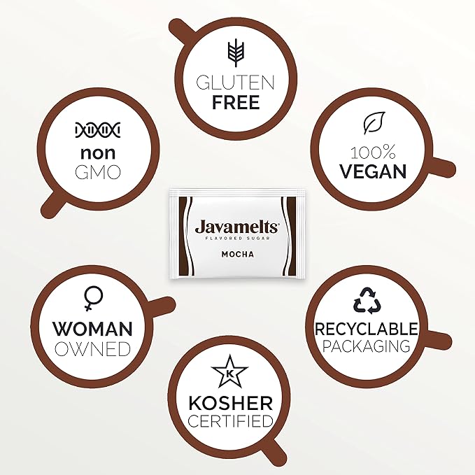 Javamelts Mocha Flavored Sugar Packets | Pure Cane Sugar for Baking, Coffee Syrup Substitute, Cocktails, Tea | Non GMO, Non Dairy, Gluten Free, Kosher | 200 Bulk Sugar Packets
