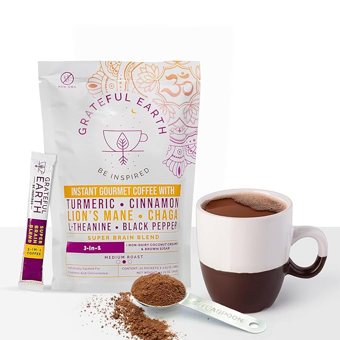 Grateful Earth Mushroom Coffee, Coconut Instant Coffee with Lion’s Mane Mushrooms, Chaga, Turmeric, L-Theanine, Cinnamon, Super Brain Blend For Energy & Immune Support, Dairy & Gluten Free, 20 Packets