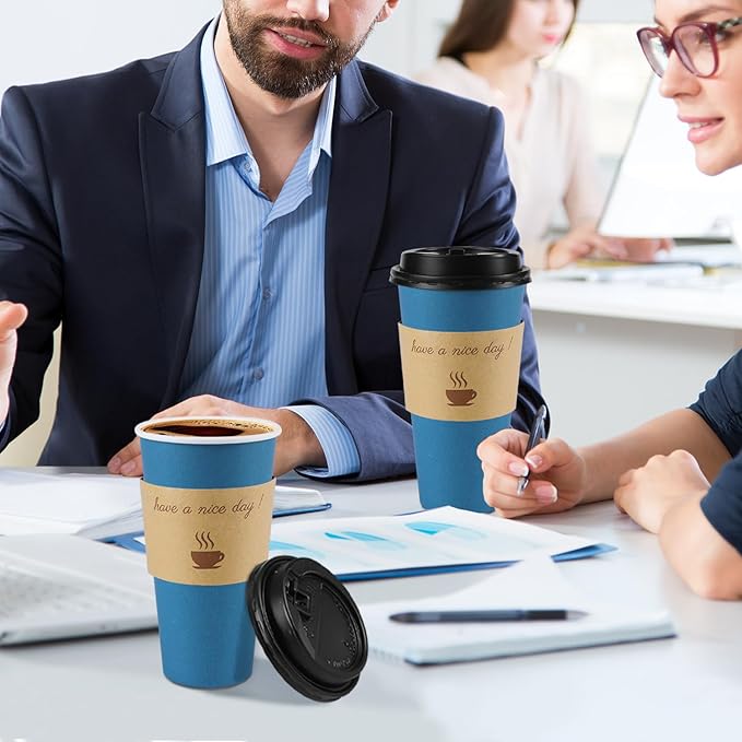 50 Pack 20 oz Coffee Cups with Lids, Disposable To Go Paper Coffee Cups with Sleeves and Stirring Sticks for Hot/Cold Drinks Office Home Shop Event (Navy)