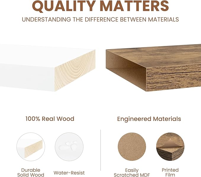 Floating Shelves for Wall, Real Wood Floating Shelf Set of 2, 8 Inch Deep Floating Shelves, Rustic Wood Wall Shelf for Home Decor, Deep Storage Shelves for Bathroom, Kitchen, 16"W x 8"D, White Color