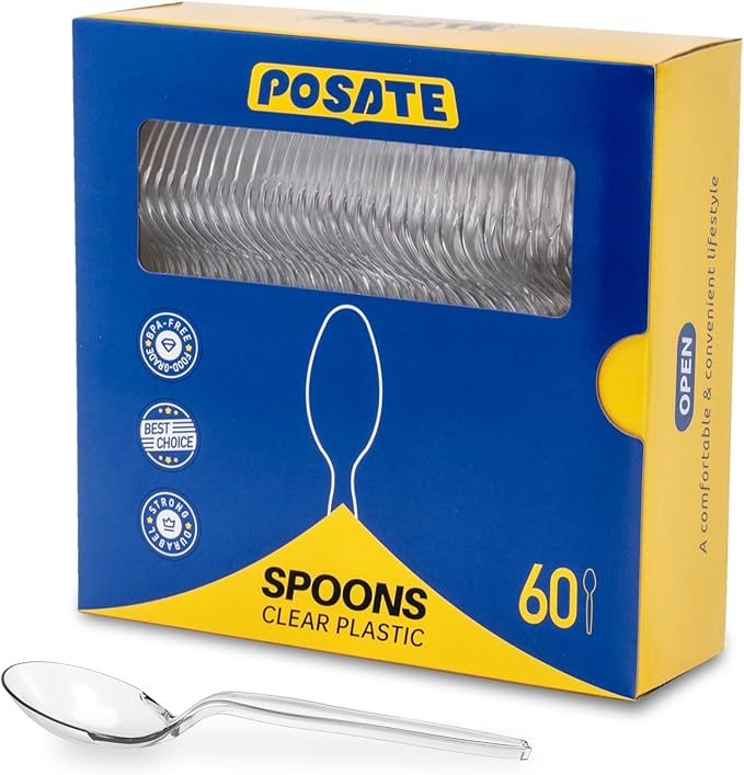 POSATE Heavy Duty Plastic Spoons, Clear Disposable, Pack of 60