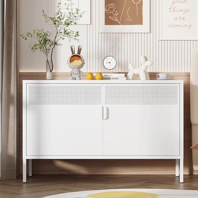 Metal Storage Cabinet,2 Door TV Stand, Metal Mesh Accent Cabinet,Magnetic Door Closure,Low Storage Cabinets with Doors and Shelf for Home,Office,Living Room