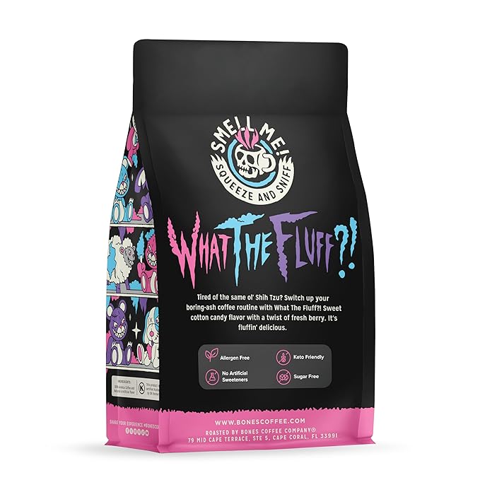 Bones Coffee Company What the Fluff?! Berry Cotton Candy Flavored Coffee, Medium Roast Low Acid Arabica Beans Compatible with Auto drip and French Press Coffee Maker, 12 Oz Ground