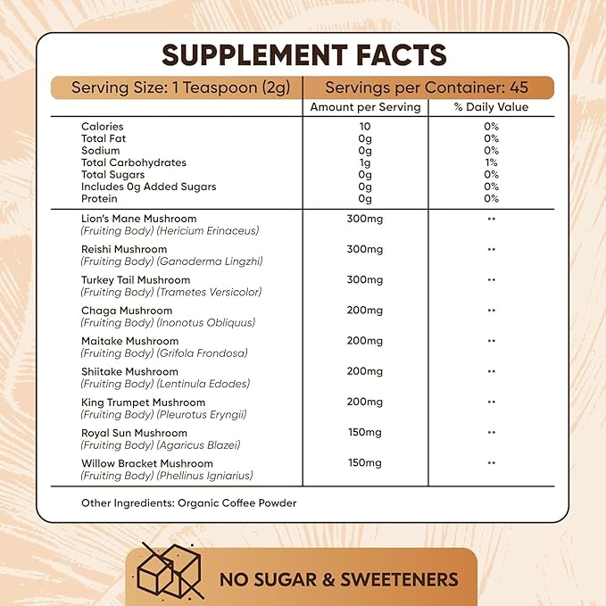 Mushroom Coffee – 10 in 1 Instant Coffee Organic Arabica - Cafe de Hongos w/Lion’s Mane, Turkey Tail, Chaga – Focus, Gut Health, Weight & Immune Support – Low Caffeine, Sugar-Free, Gluten Free 90g (Natural Pack of 1)