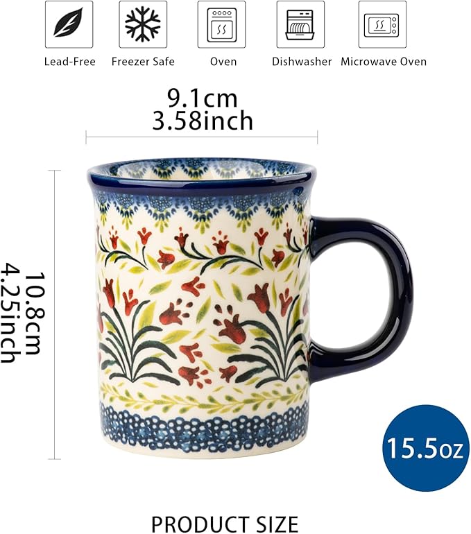 Ceramic Latte Mug Set of 4, 15.5oz Hand Painted Porcelain Coffee Cups With Big Handle - Modern,Retro Design For Any Kitchen. Microwave and Dishwasher Safe (The tulip)