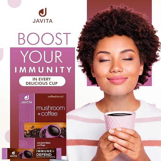 Mushroom + Coffee, Javita Immune & Defend Blend of Chaga, Lion's Mane and Dark Roast Robusta Coffee for Morning Boost, Wellness Support, Smooth, Convenient Coffee Mix (2 box/48 serv)
