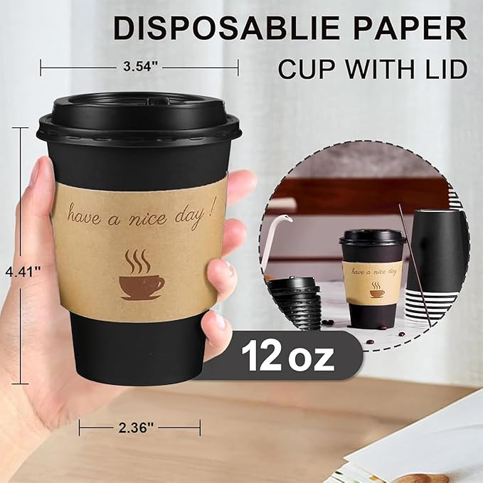 100 Pack 12 oz Coffee Cups with Lids, Disposable To Go Paper Coffee Cups with Sleeves and Stirring Sticks for Hot/Cold Drinks Office Home Shop Event (Black)
